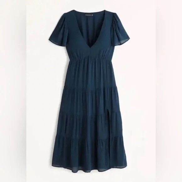 Abercrombie & Fitch Dresses & Skirts - Abercrombie & Fitch Navy Blue Flutter Sleeve Tiered Midi Dress Women XL